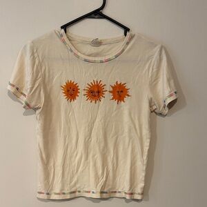 Cream Crop T-Shirt with Sun Faces